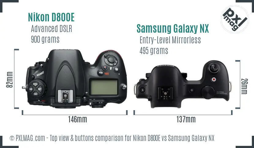 Nikon D800E vs Samsung Galaxy NX top view buttons comparison