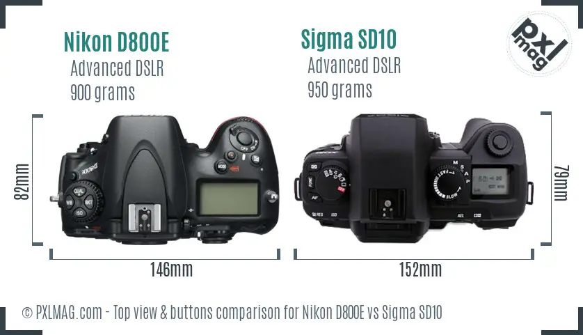 Nikon D800E vs Sigma SD10 top view buttons comparison