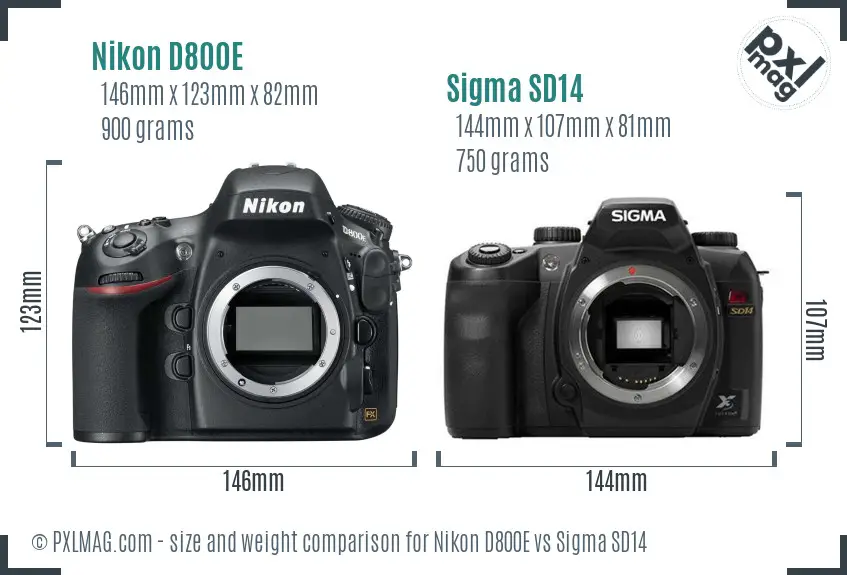 Nikon D800E vs Sigma SD14 size comparison