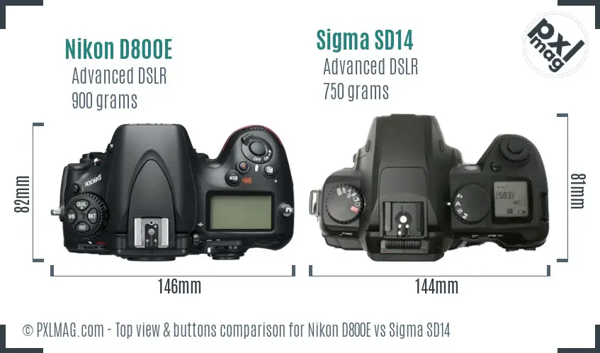 Nikon D800E vs Sigma SD14 top view buttons comparison