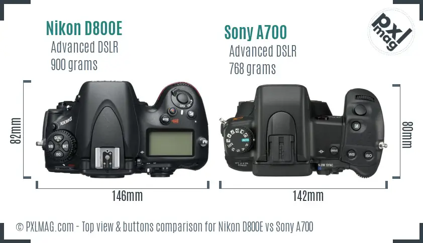 Nikon D800E vs Sony A700 top view buttons comparison