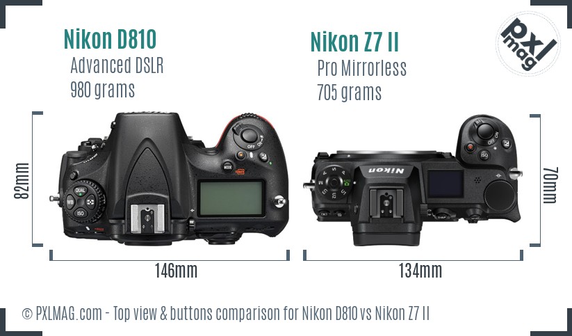 Nikon D810 vs Nikon Z7 II top view buttons comparison