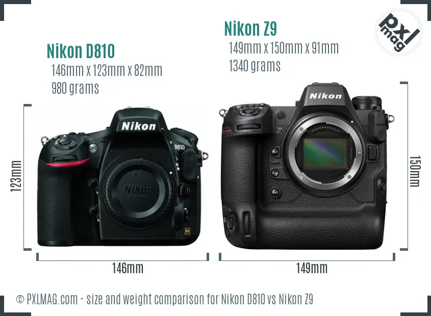 Nikon D810 vs Nikon Z9 size comparison