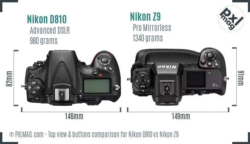 Nikon D810 vs Nikon Z9 top view buttons comparison