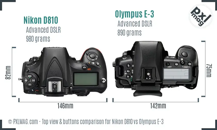 Nikon D810 vs Olympus E-3 top view buttons comparison