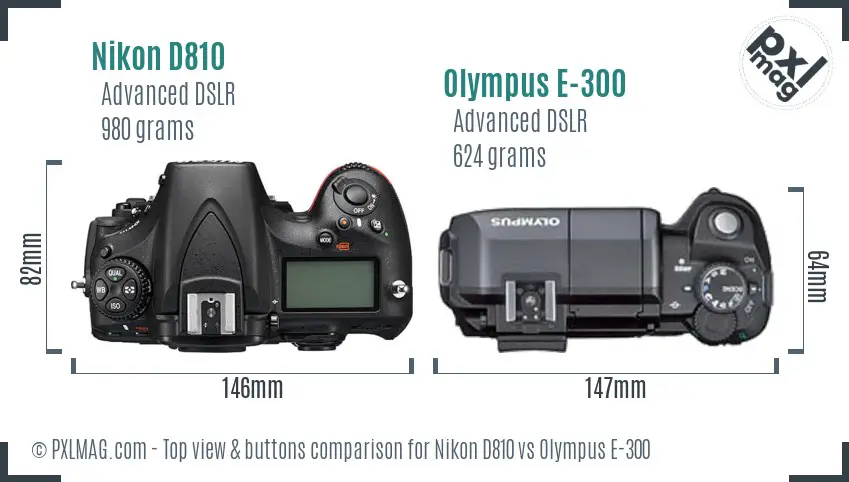 Nikon D810 vs Olympus E-300 top view buttons comparison
