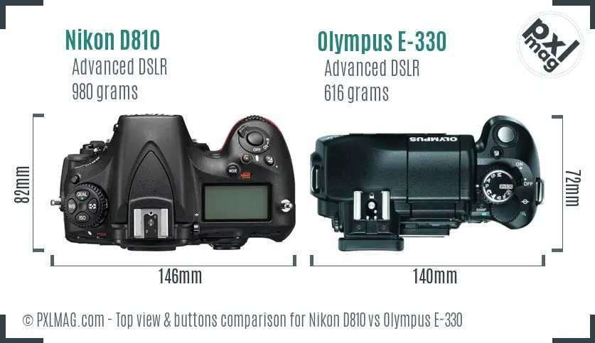 Nikon D810 vs Olympus E-330 top view buttons comparison