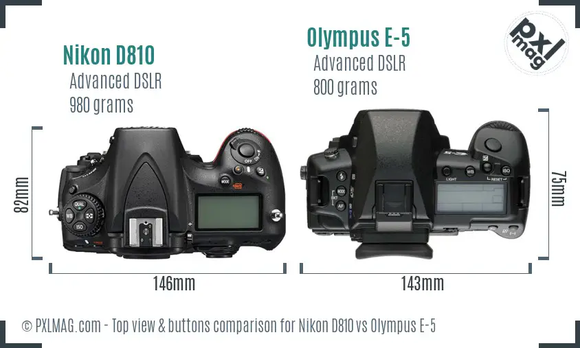 Nikon D810 vs Olympus E-5 top view buttons comparison