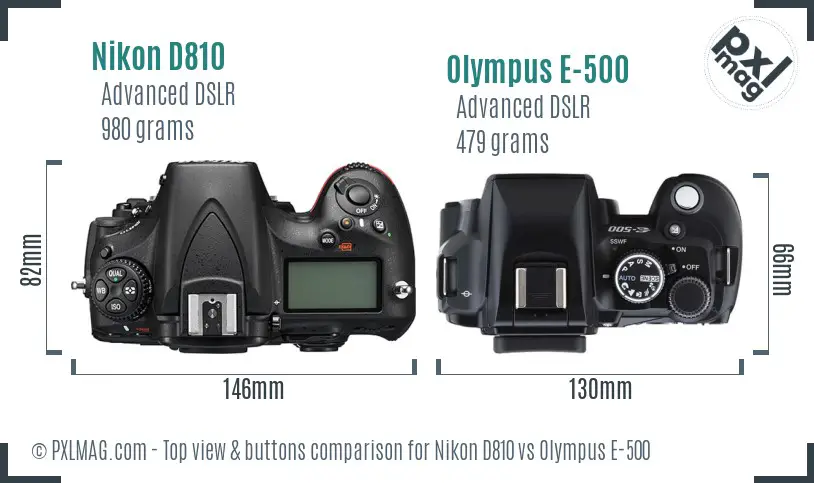 Nikon D810 vs Olympus E-500 top view buttons comparison