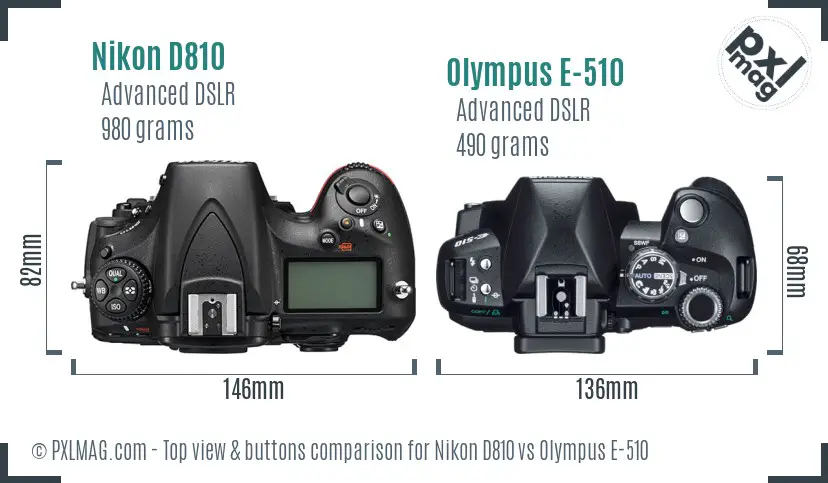 Nikon D810 vs Olympus E-510 top view buttons comparison