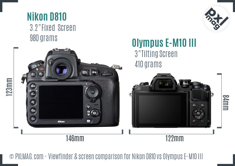 Nikon D810 vs Olympus E-M10 III Screen and Viewfinder comparison