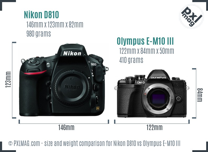 Nikon D810 vs Olympus E-M10 III size comparison