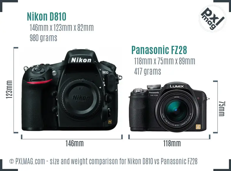 Nikon D810 vs Panasonic FZ28 size comparison