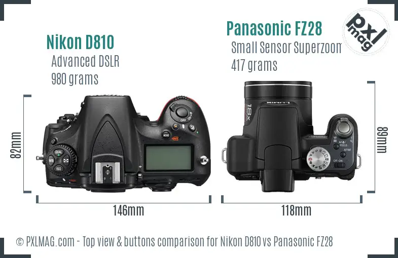 Nikon D810 vs Panasonic FZ28 top view buttons comparison