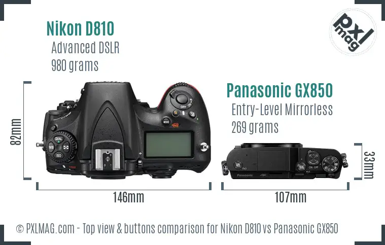 Nikon D810 vs Panasonic GX850 top view buttons comparison