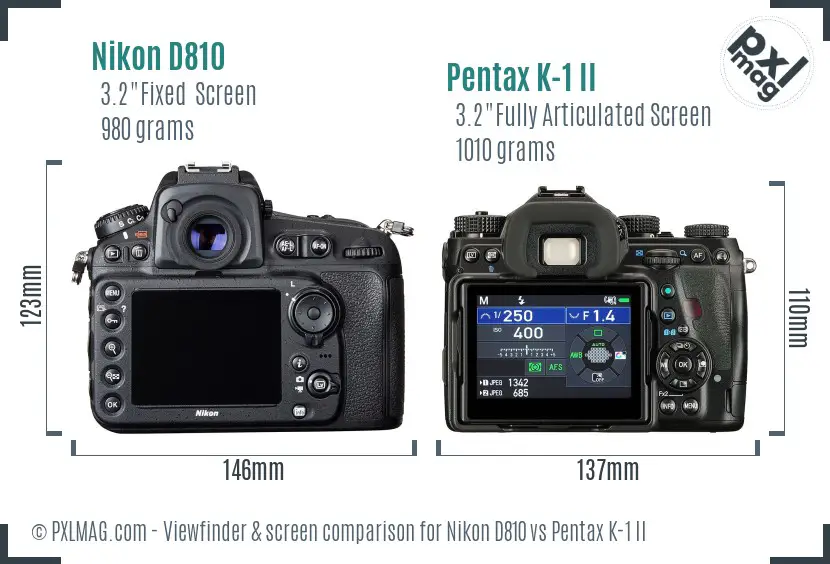 Nikon D810 vs Pentax K-1 II Screen and Viewfinder comparison