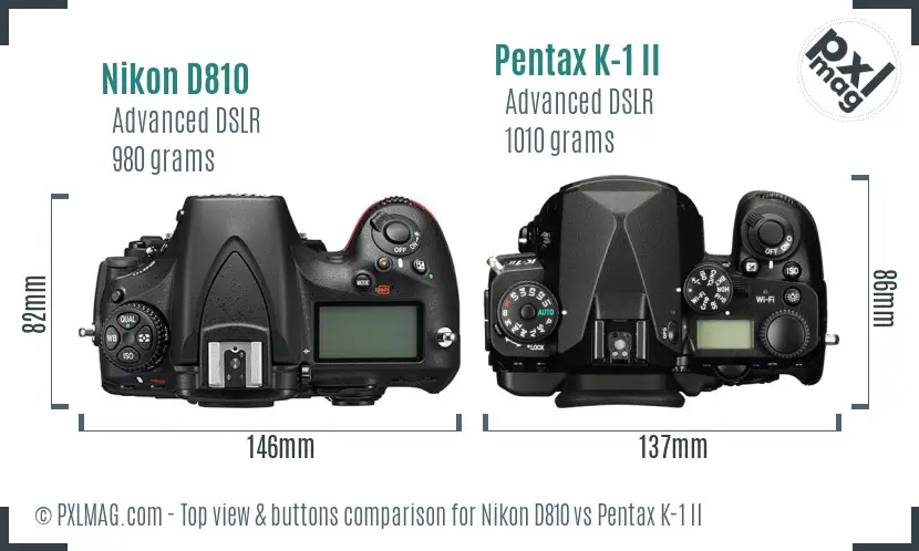 Nikon D810 vs Pentax K-1 II top view buttons comparison