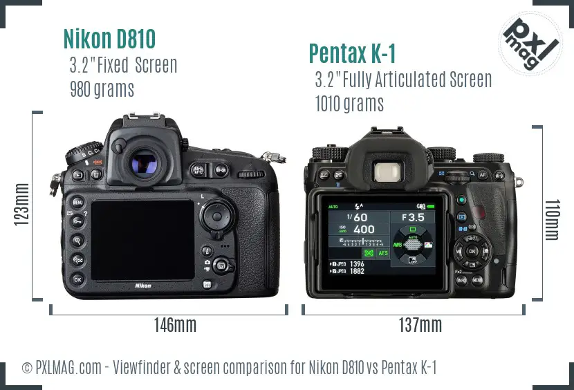 Nikon D810 vs Pentax K-1 Screen and Viewfinder comparison