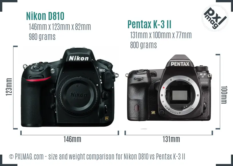 Nikon D810 vs Pentax K-3 II size comparison