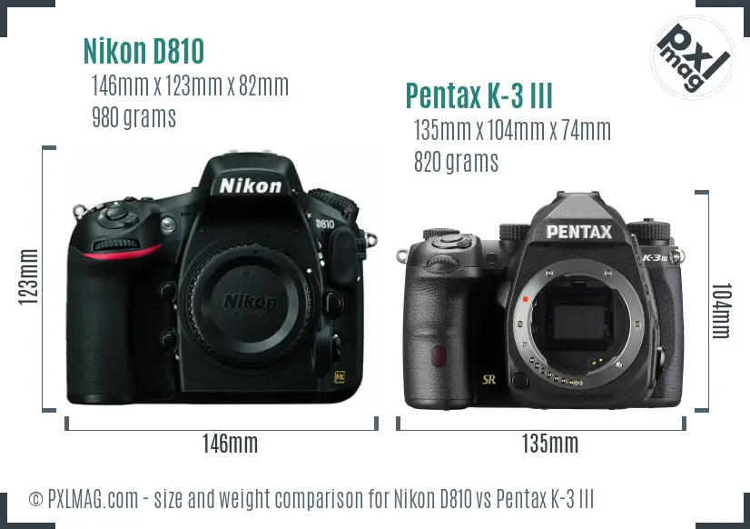 Nikon D810 vs Pentax K-3 III size comparison