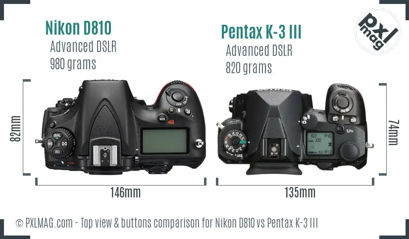 Nikon D810 vs Pentax K-3 III top view buttons comparison