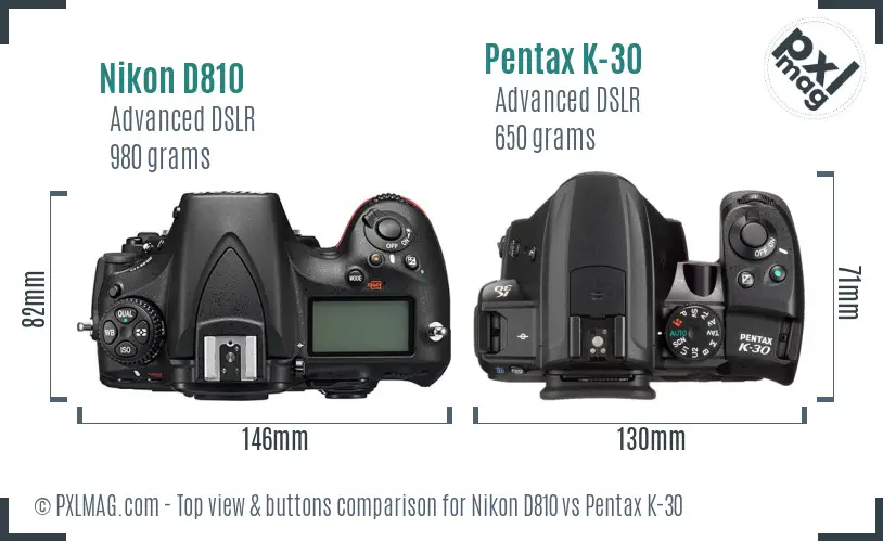 Nikon D810 vs Pentax K-30 top view buttons comparison