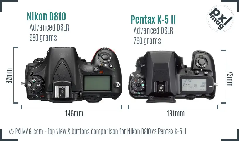 Nikon D810 vs Pentax K-5 II top view buttons comparison
