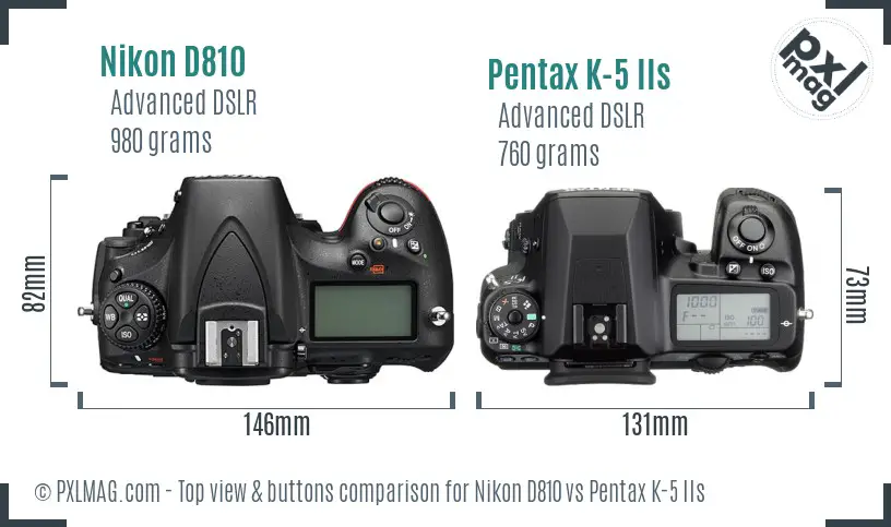 Nikon D810 vs Pentax K-5 IIs top view buttons comparison