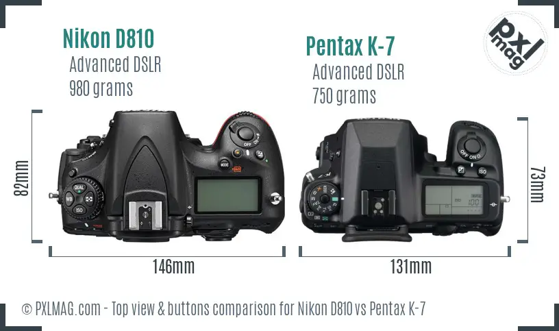 Nikon D810 vs Pentax K-7 top view buttons comparison