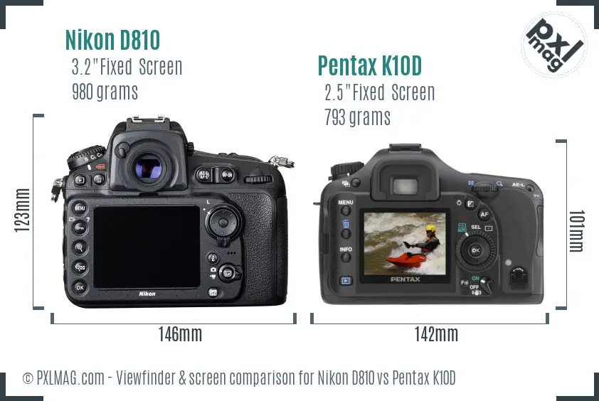 Nikon D810 vs Pentax K10D Screen and Viewfinder comparison