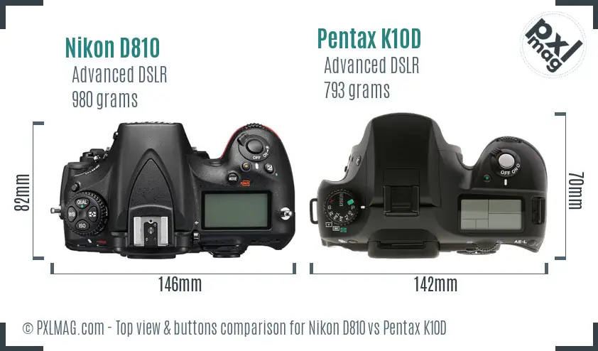 Nikon D810 vs Pentax K10D top view buttons comparison
