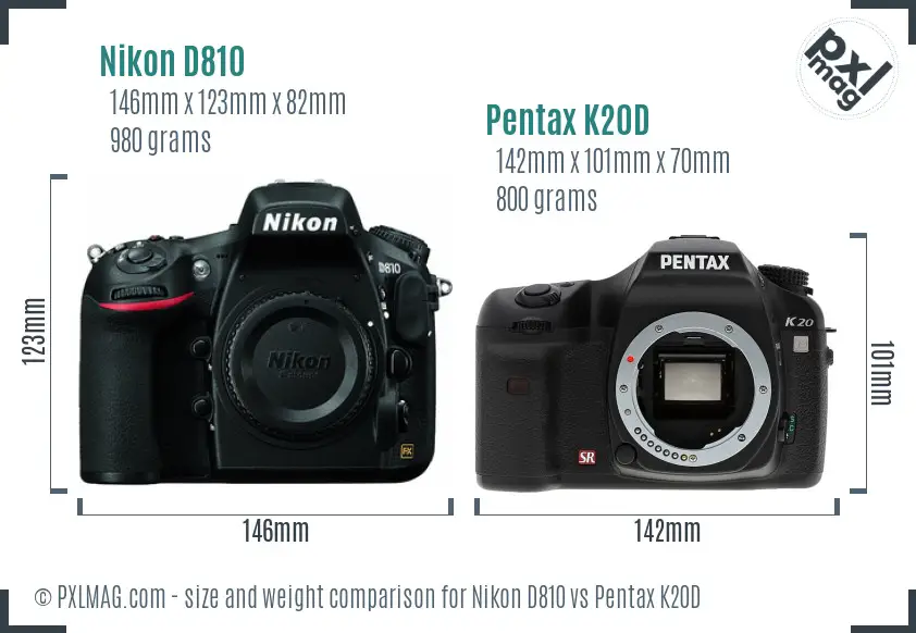 Nikon D810 vs Pentax K20D size comparison