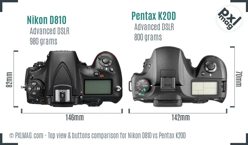 Nikon D810 vs Pentax K20D top view buttons comparison