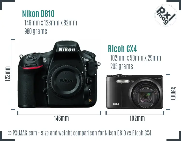 Nikon D810 vs Ricoh CX4 size comparison