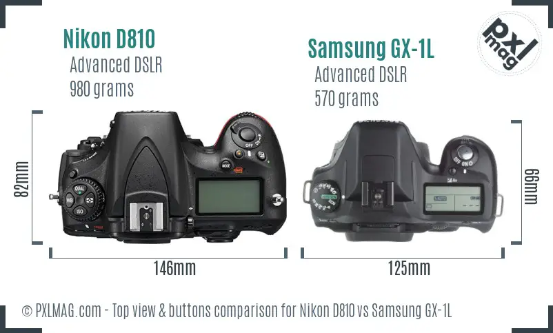 Nikon D810 vs Samsung GX-1L top view buttons comparison