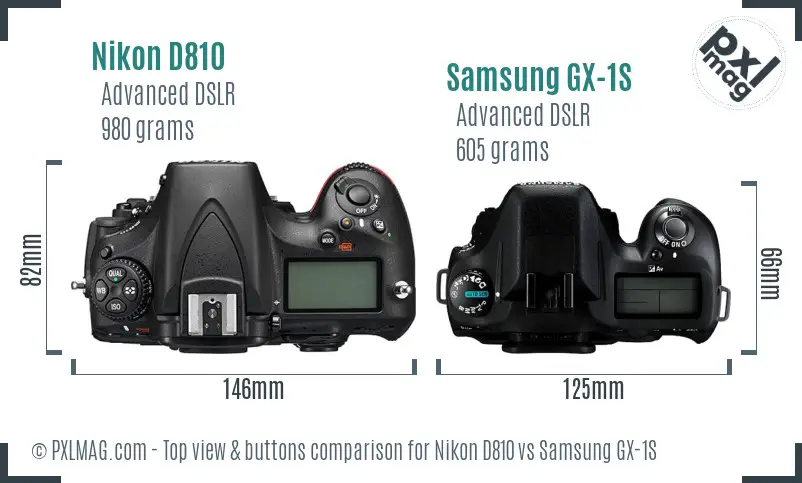 Nikon D810 vs Samsung GX-1S top view buttons comparison