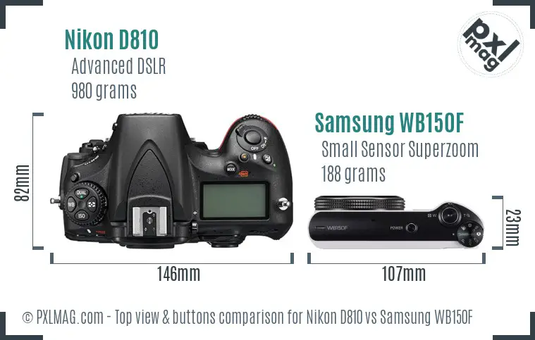 Nikon D810 vs Samsung WB150F top view buttons comparison