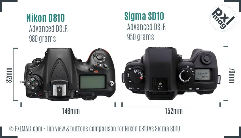 Nikon D810 vs Sigma SD10 top view buttons comparison