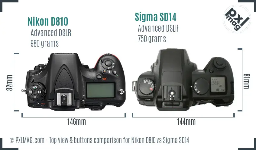 Nikon D810 vs Sigma SD14 top view buttons comparison