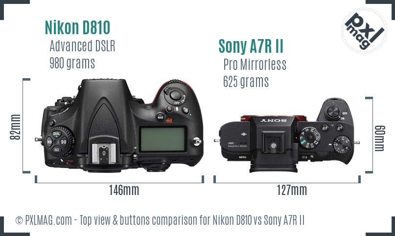 Nikon D810 vs Sony A7R II top view buttons comparison