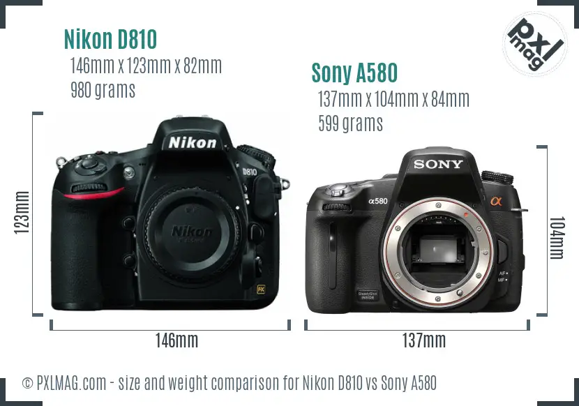 Nikon D810 vs Sony A580 size comparison