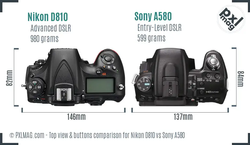 Nikon D810 vs Sony A580 top view buttons comparison