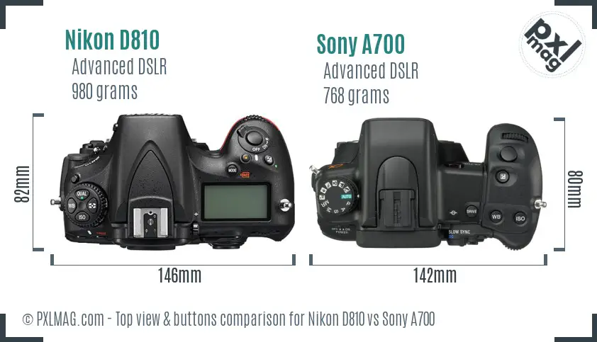 Nikon D810 vs Sony A700 top view buttons comparison