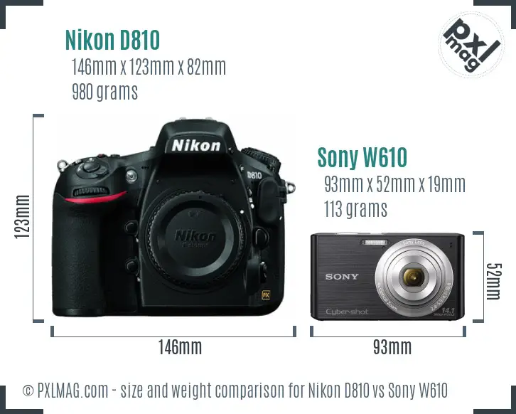 Nikon D810 vs Sony W610 size comparison