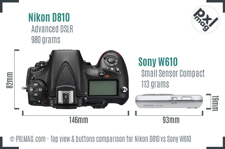Nikon D810 vs Sony W610 top view buttons comparison