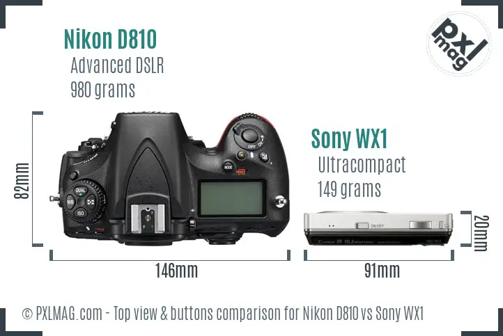 Nikon D810 vs Sony WX1 top view buttons comparison