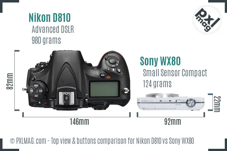 Nikon D810 vs Sony WX80 top view buttons comparison