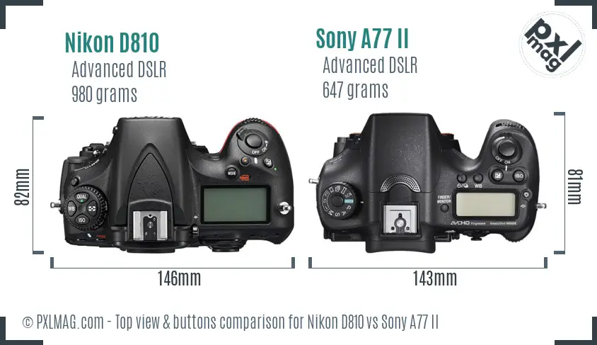 Nikon D810 vs Sony A77 II top view buttons comparison