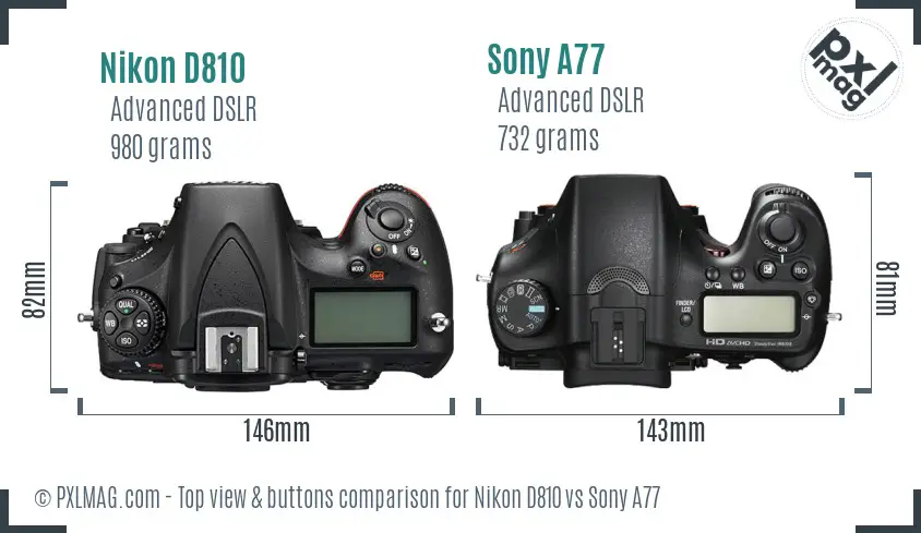 Nikon D810 vs Sony A77 top view buttons comparison