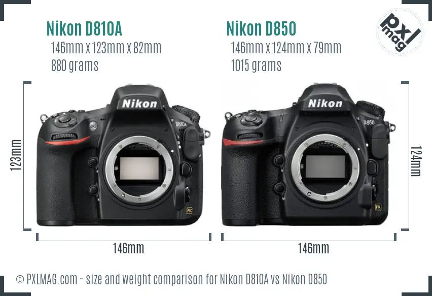 Nikon D810A vs Nikon D850 size comparison